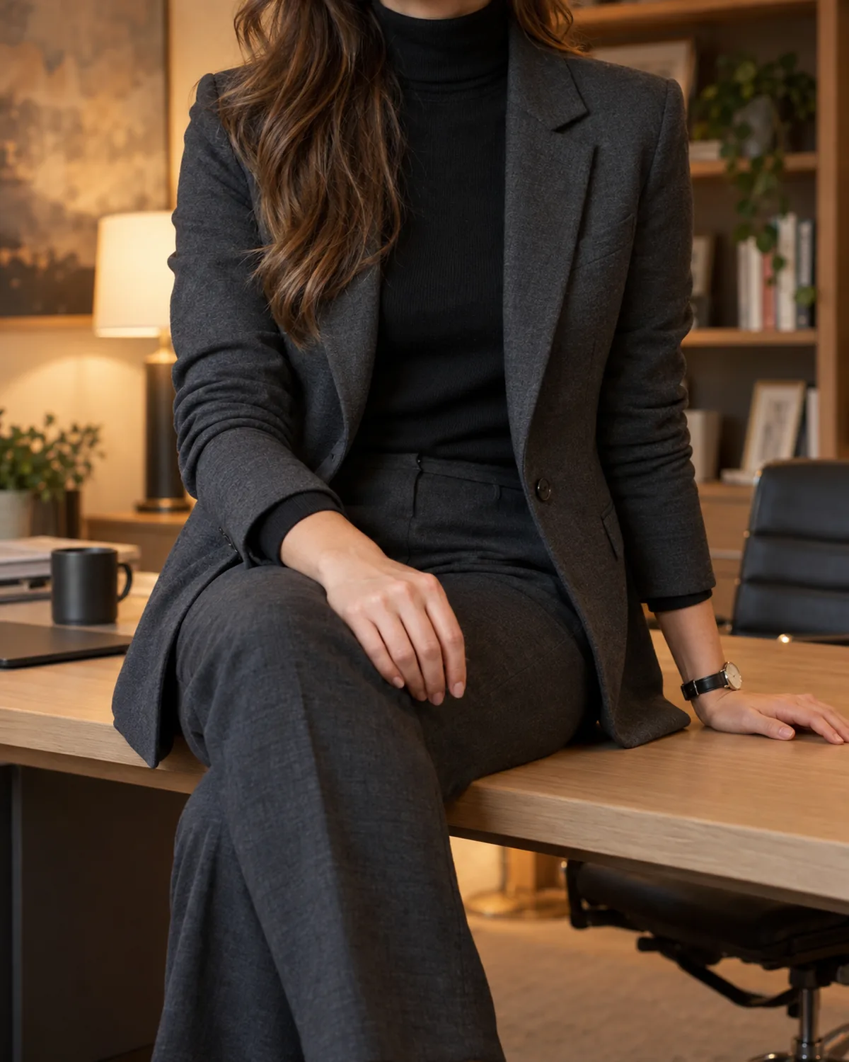 A woman seated at a desk edge with legs crossed wearing a black fitted turtleneck under a dark grey blazer with charcoal straight-leg trousers and a simple watch