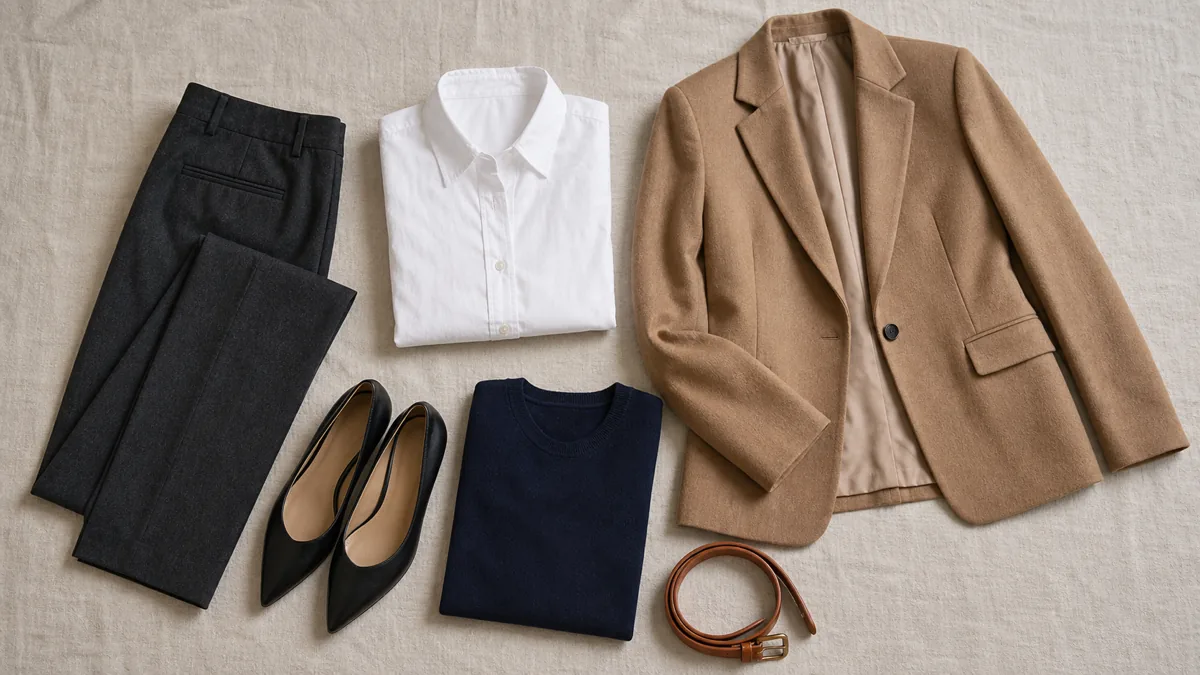 Flat lay of charcoal slim trousers, a white button-down shirt, a camel blazer, a navy crewneck knit, black pointed-toe flats, and a tan leather belt arranged on pale linen