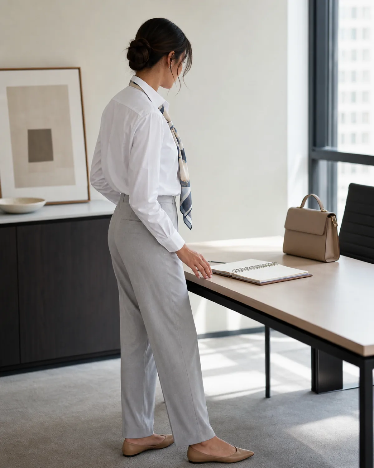 A woman in a back-three-quarter view standing near a desk in a bright office, wearing light grey straight-leg trousers, a white button-down shirt with a printed silk scarf tied loosely at the neck, and tan leather flats
