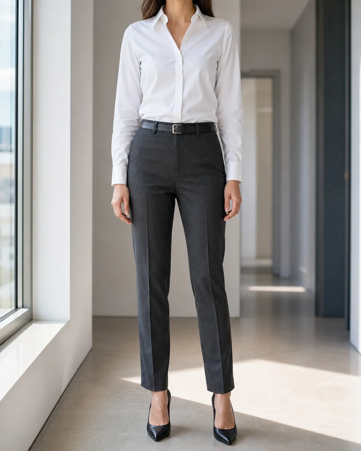 A woman standing in a bright office corridor wearing charcoal slim trousers with a front crease, a white button-down shirt tucked in with the collar open, a dark belt, and black pointed-toe pumps