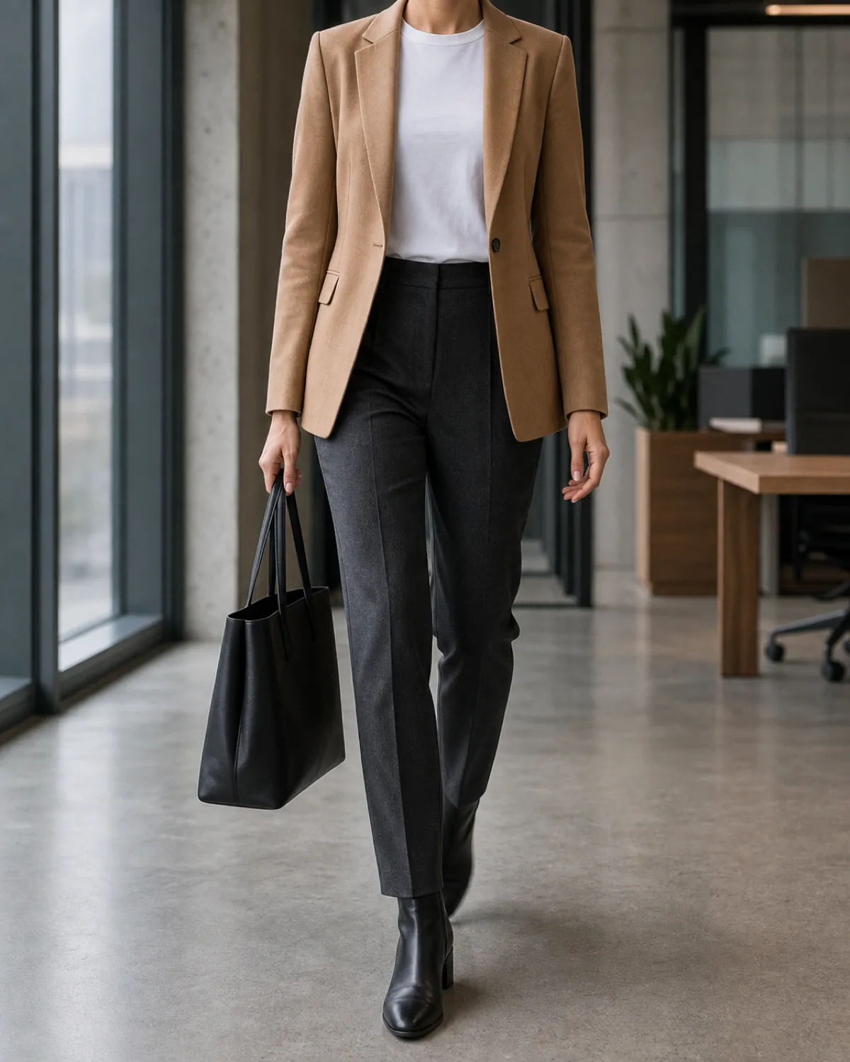 A woman walking mid-stride in a modern office with concrete floors wearing charcoal tapered trousers, a camel single-breasted blazer over a white crew-neck t-shirt, black ankle boots, and carrying a black leather tote