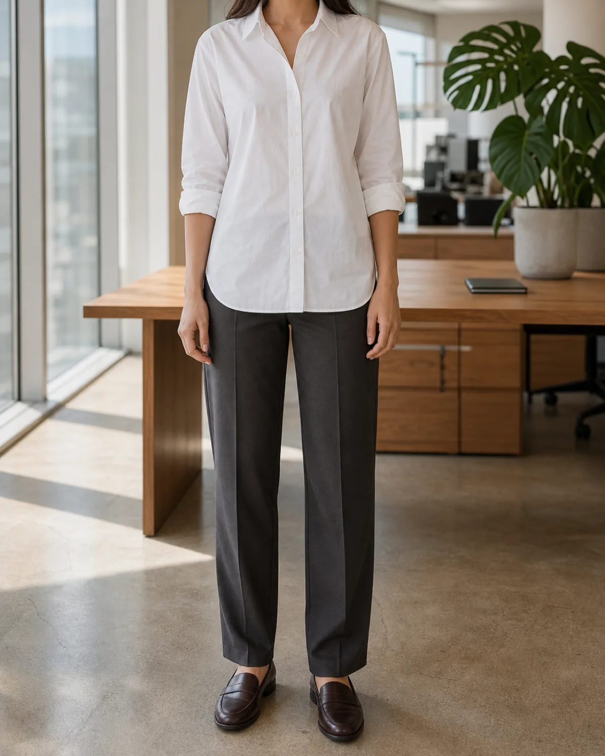 A woman standing straight-on in a white cotton poplin shirt with the sleeves rolled to the forearms, untucked over charcoal straight-leg trousers with dark brown loafers, in a bright open-plan office with a wooden desk and monstera plant behind her