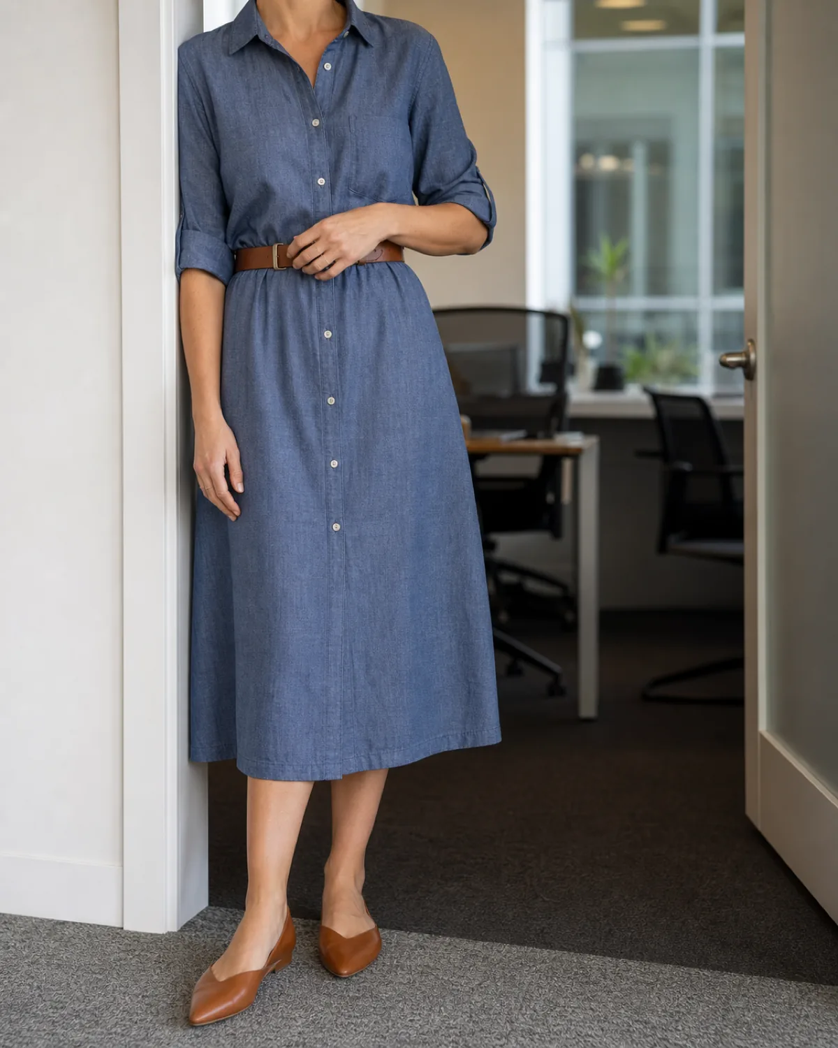 A woman leaning one shoulder against a white office doorframe wearing a slate-blue chambray shirtdress falling to mid-calf with a cognac leather belt at the waist, rolled sleeves, and cognac pointed-toe heels