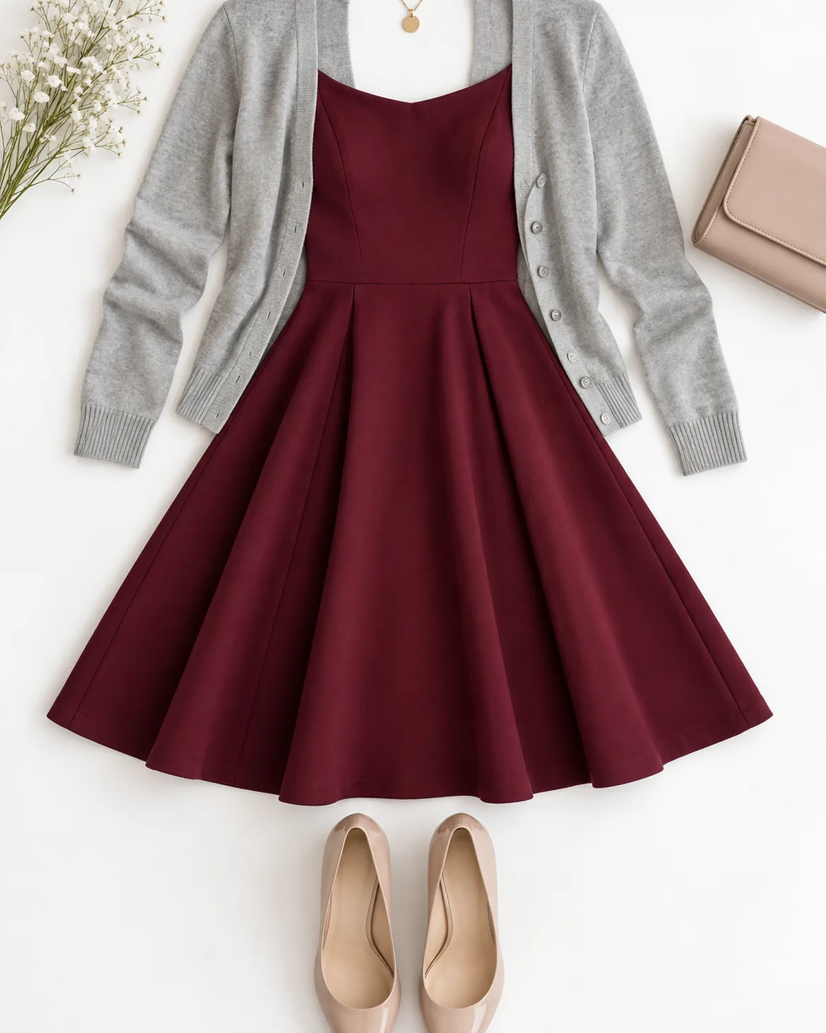 Overhead flat-lay of a burgundy fit-and-flare dress with a light grey fine-knit cardigan open beside it, nude pointed pumps below and a pendant necklace above on a white surface