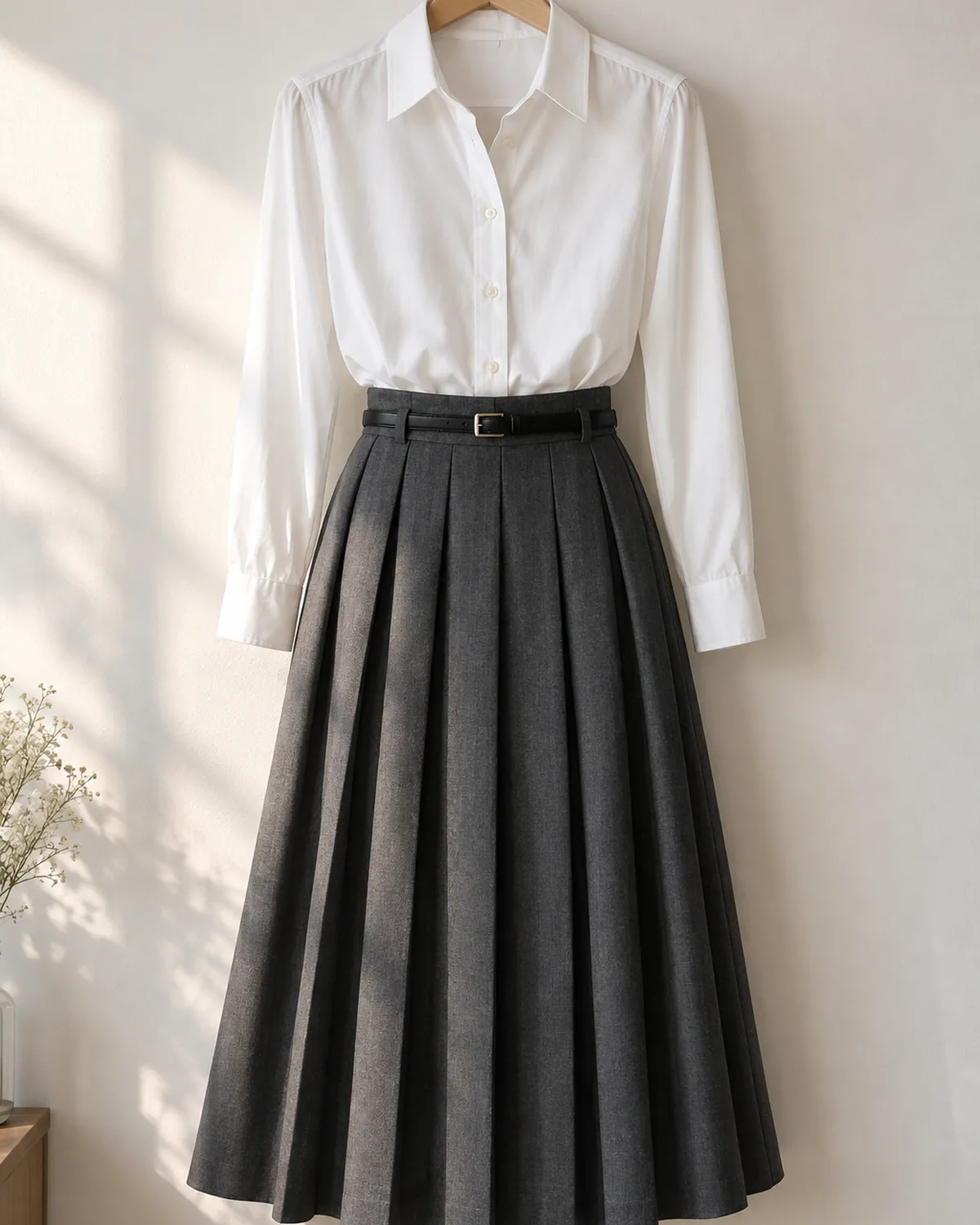 A white button-down shirt and charcoal pleated midi skirt hung together on a wooden hanger against a pale wall with a thin black belt at the waist