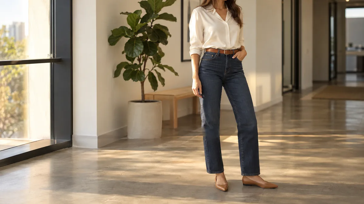 A woman standing in a modern office corridor wearing dark indigo straight-leg jeans with a tucked-in ivory silk blouse, a cognac leather belt and tan pointed-toe flats