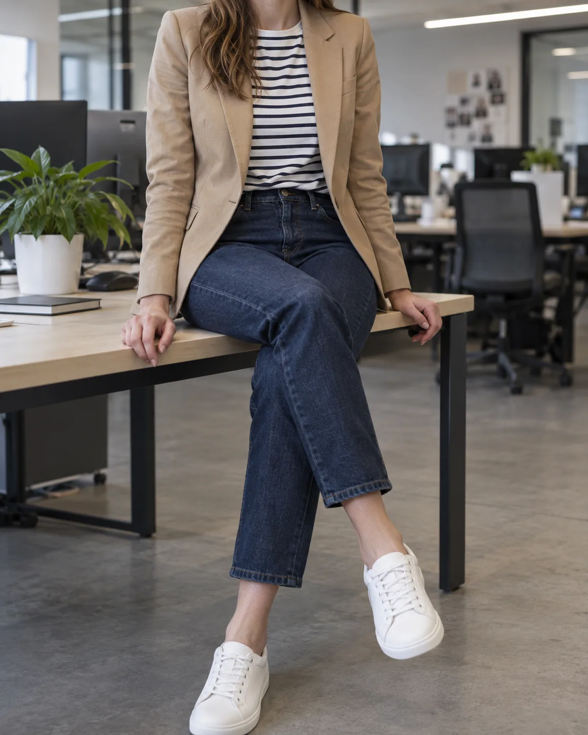 A woman seated on the edge of a pale wood desk in a tech office wearing rigid dark jeans, a navy-and-white Breton striped tee, a tan cotton blazer and clean white leather sneakers