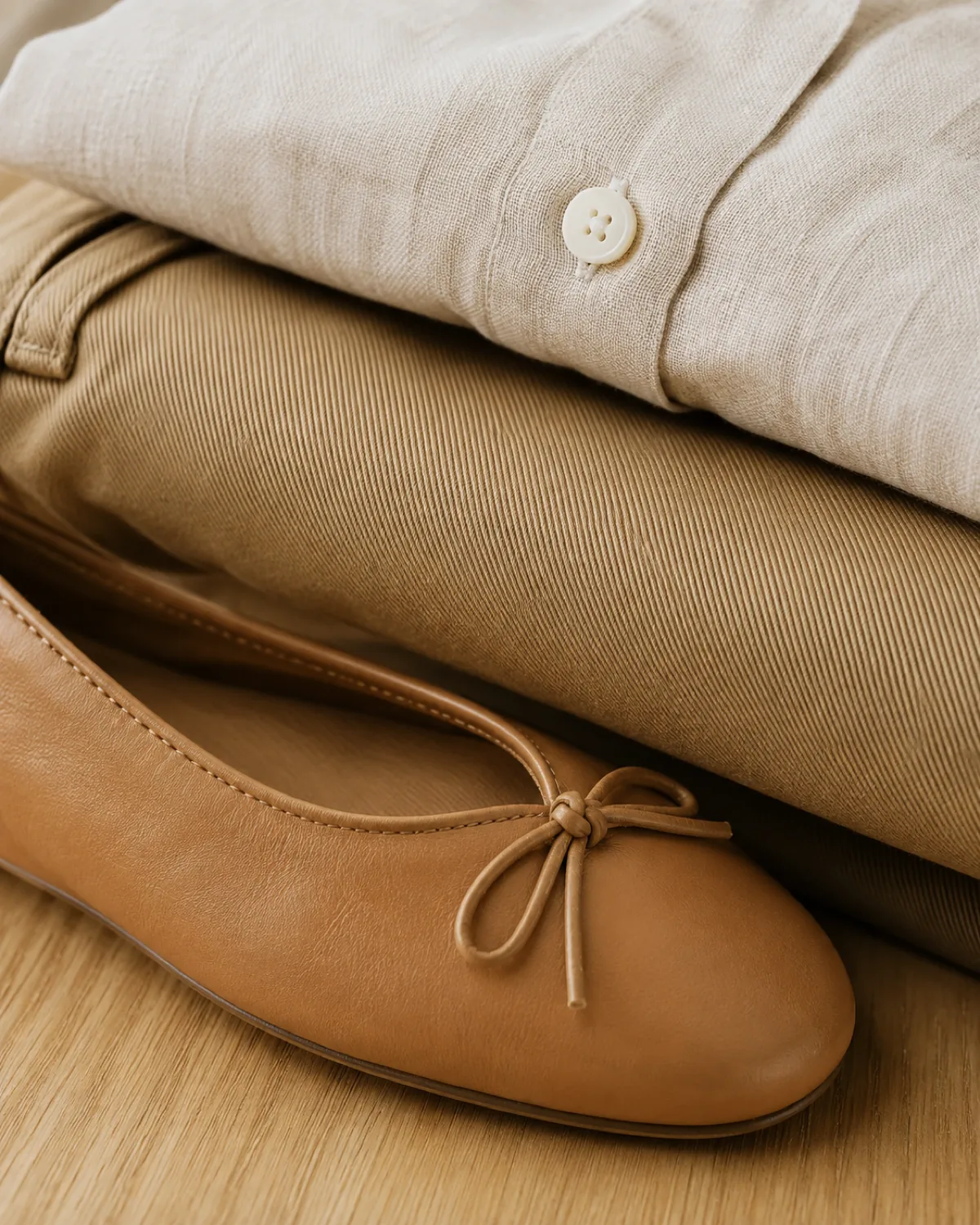 Stacked detail macro of a neatly folded natural-linen button-down shirt, a folded section of khaki cotton twill trouser fabric, and the toe of a tan leather ballet flat, arranged on a light oak surface