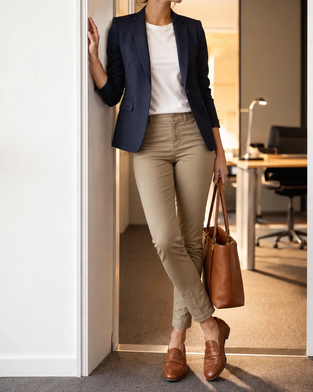 A woman leaning against a white office doorframe wearing slim khaki pants, a navy blazer over a white crewneck tee, cognac leather penny loafers, and holding a tan leather tote bag