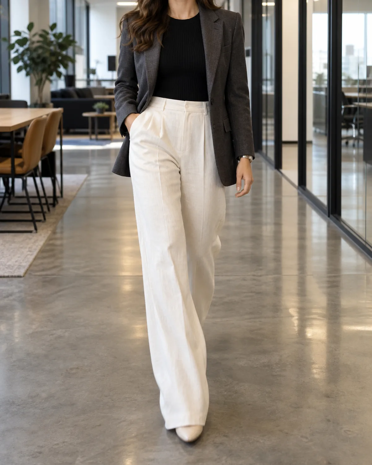 A woman walking mid-stride in a modern office wearing ivory wide-leg linen trousers, a black ribbed knit top, and a charcoal structured blazer with the front open