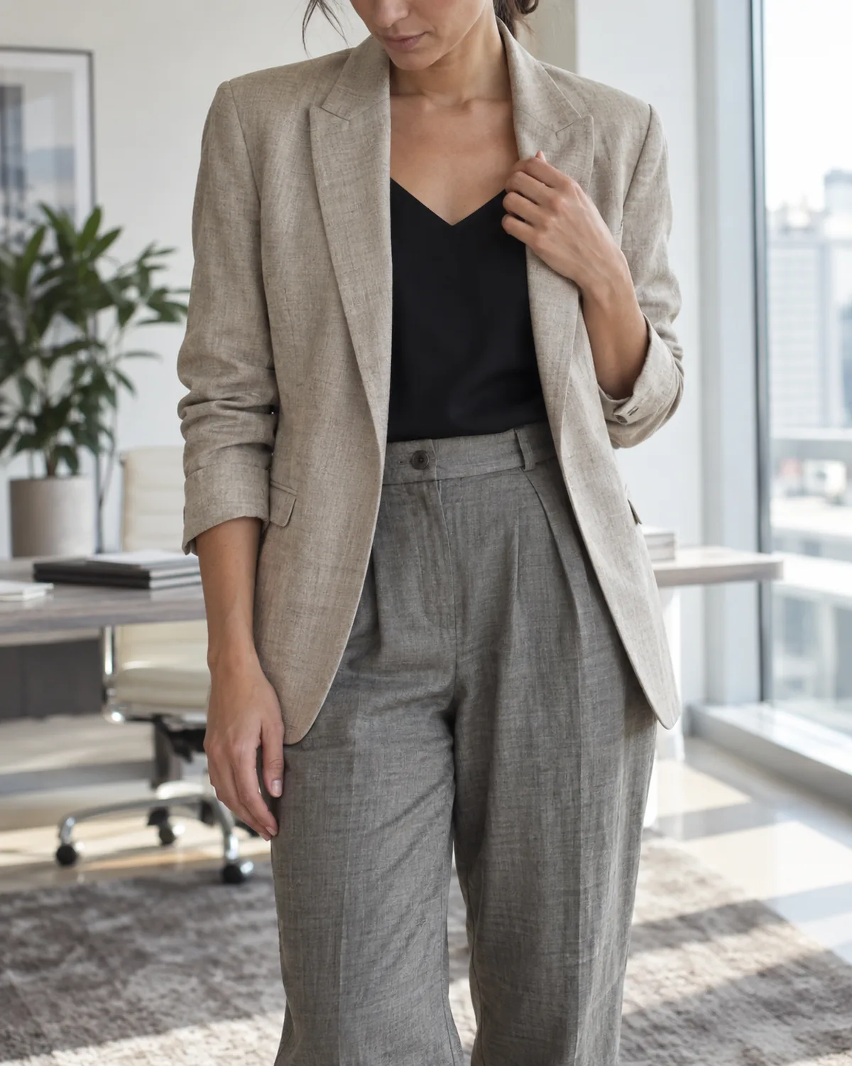 A woman shown from chin to knee in a bright office, one hand touching a blazer lapel, wearing grey pleated linen trousers, a black V-neck camisole, and a greige soft-shoulder blazer