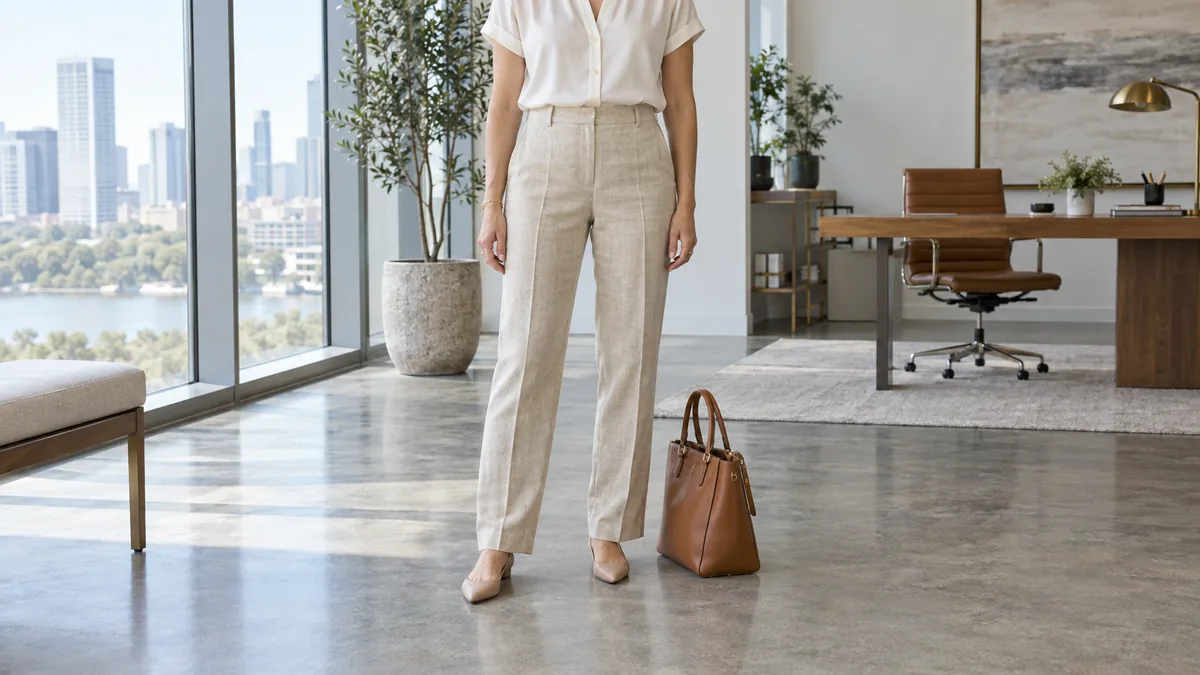 A woman standing in a bright modern office wearing oatmeal straight-leg linen trousers with a visible front crease, a white silk blouse tucked in, and nude pointed flats, with a cognac leather bag on the floor beside her