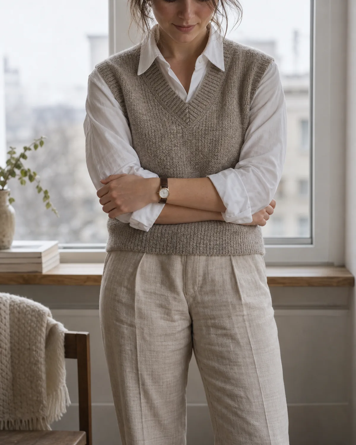 A woman shown from chin to knee with arms crossed at the waist, wearing sand linen trousers, a white long-sleeve cotton shirt, and an oatmeal knit vest, with a brown leather watch