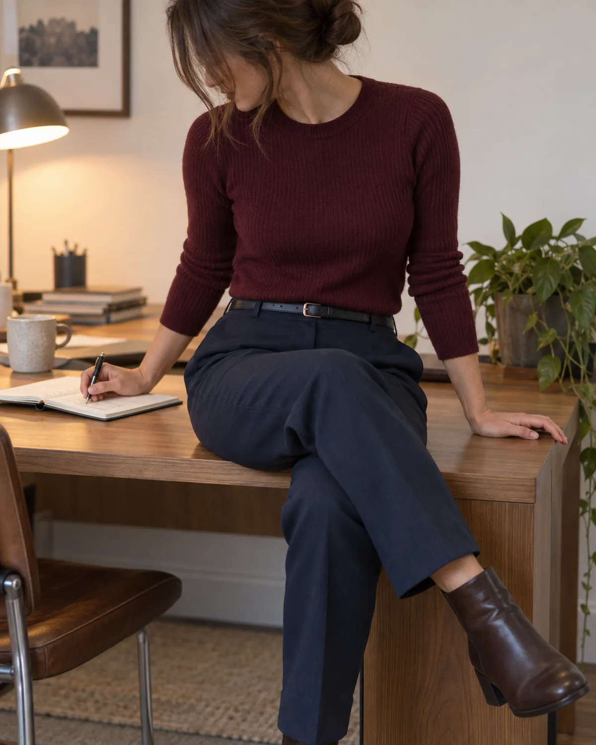 A woman seated on the edge of a wooden desk, legs crossed, wearing a burgundy ribbed crewneck tucked into navy trousers with a dark belt and brown ankle boots, writing in a notebook under warm desk-lamp light