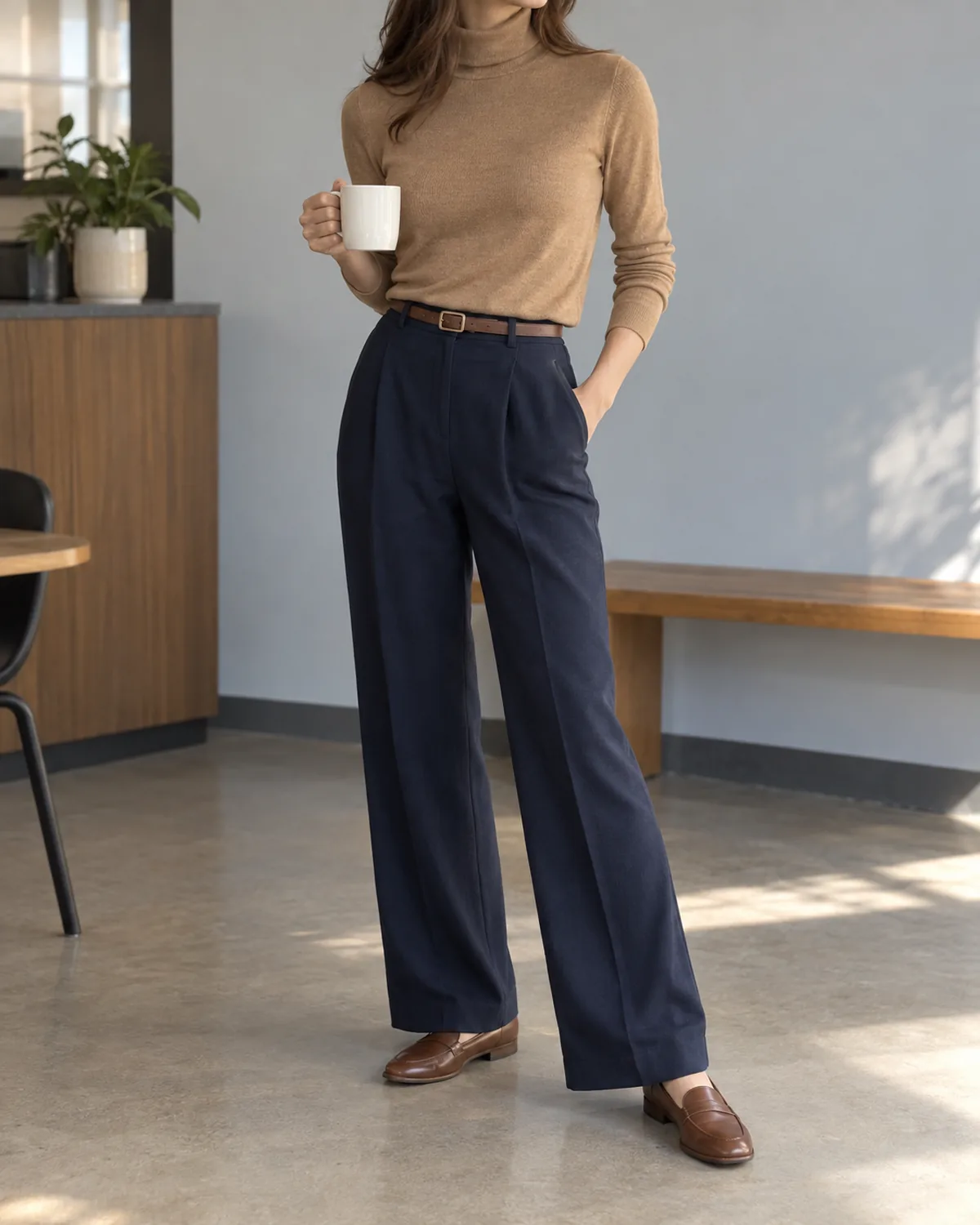 A woman in a three-quarter turn wearing a camel turtleneck tucked into navy wide-leg trousers with a thin brown leather belt, holding a white mug, in a modern office break area
