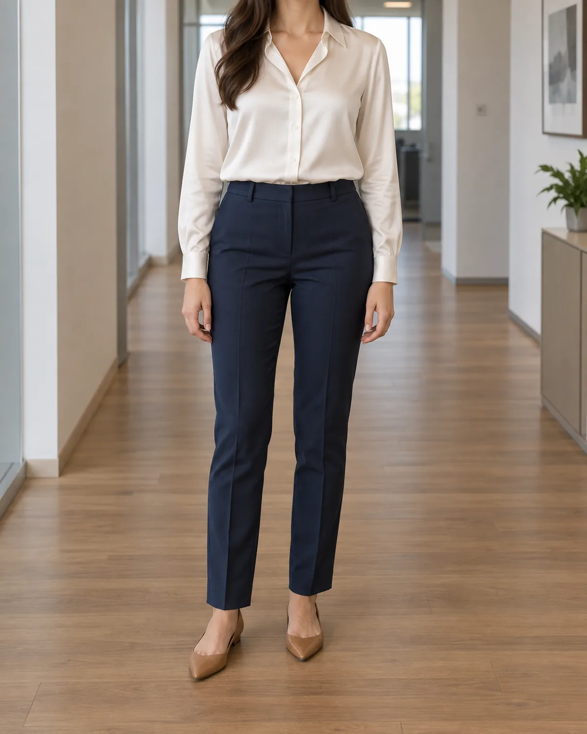 A woman standing in a modern office corridor wearing slim navy trousers with a pressed crease and a cream silk blouse tucked in at the waist, with tan pointed-toe flats