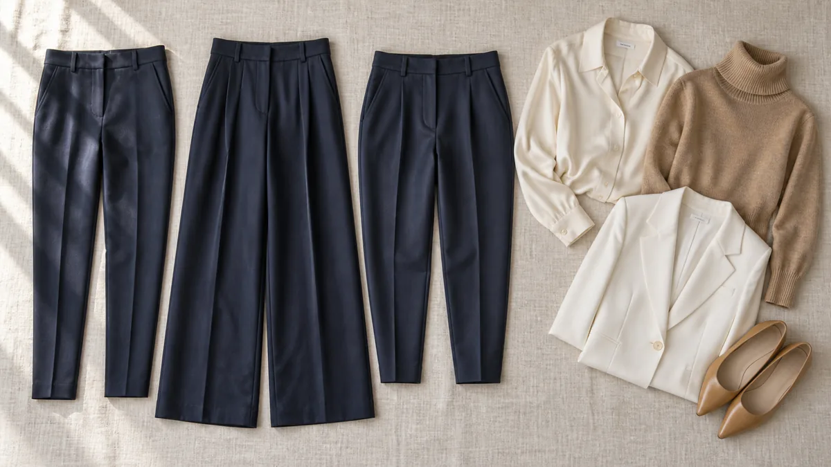 Overhead flat-lay of three pairs of navy trousers in different silhouettes beside a cream silk blouse, a camel turtleneck and a white blazer on a linen surface