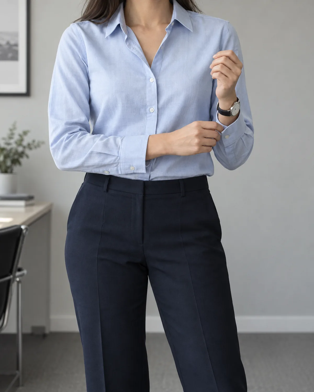 Mid-torso view of a woman adjusting the cuff of a pale blue cotton button-down shirt tucked into navy tailored trousers with a flat front and pressed crease, a silver watch visible on one wrist