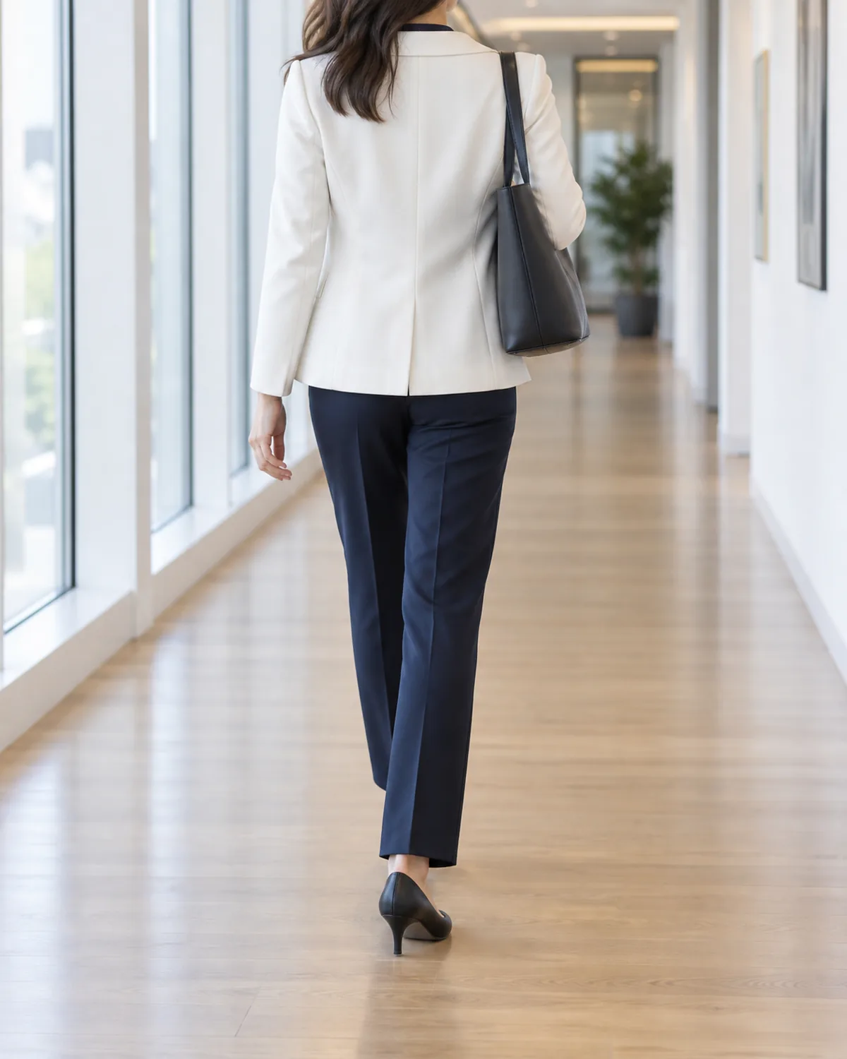 A woman walking away from the camera down a bright office hallway wearing a white single-breasted blazer over navy straight-leg trousers, carrying a dark structured tote bag on her shoulder, in dark pointed-toe pumps