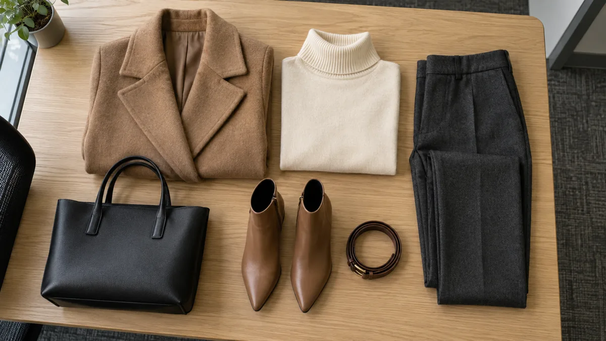 A flat-lay of winter workwear essentials on a light oak desk: a camel wool coat, cream ribbed turtleneck, charcoal trousers, tan pointed-toe ankle boots, a black structured tote, and a brown leather belt