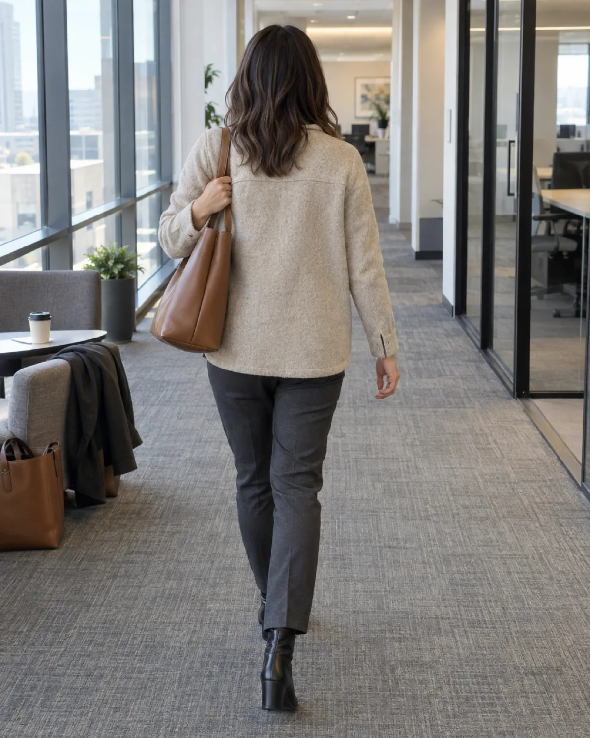 A woman walking away down a bright office corridor wearing an oatmeal wool-blend shacket over a charcoal mock-neck, charcoal slim trousers, black ankle boots, and a tan leather tote on her shoulder