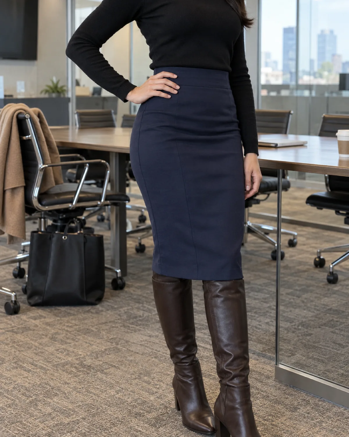 A woman in a black fitted turtleneck tucked into a navy pencil skirt with dark brown knee-high boots, standing in a glass-walled meeting room