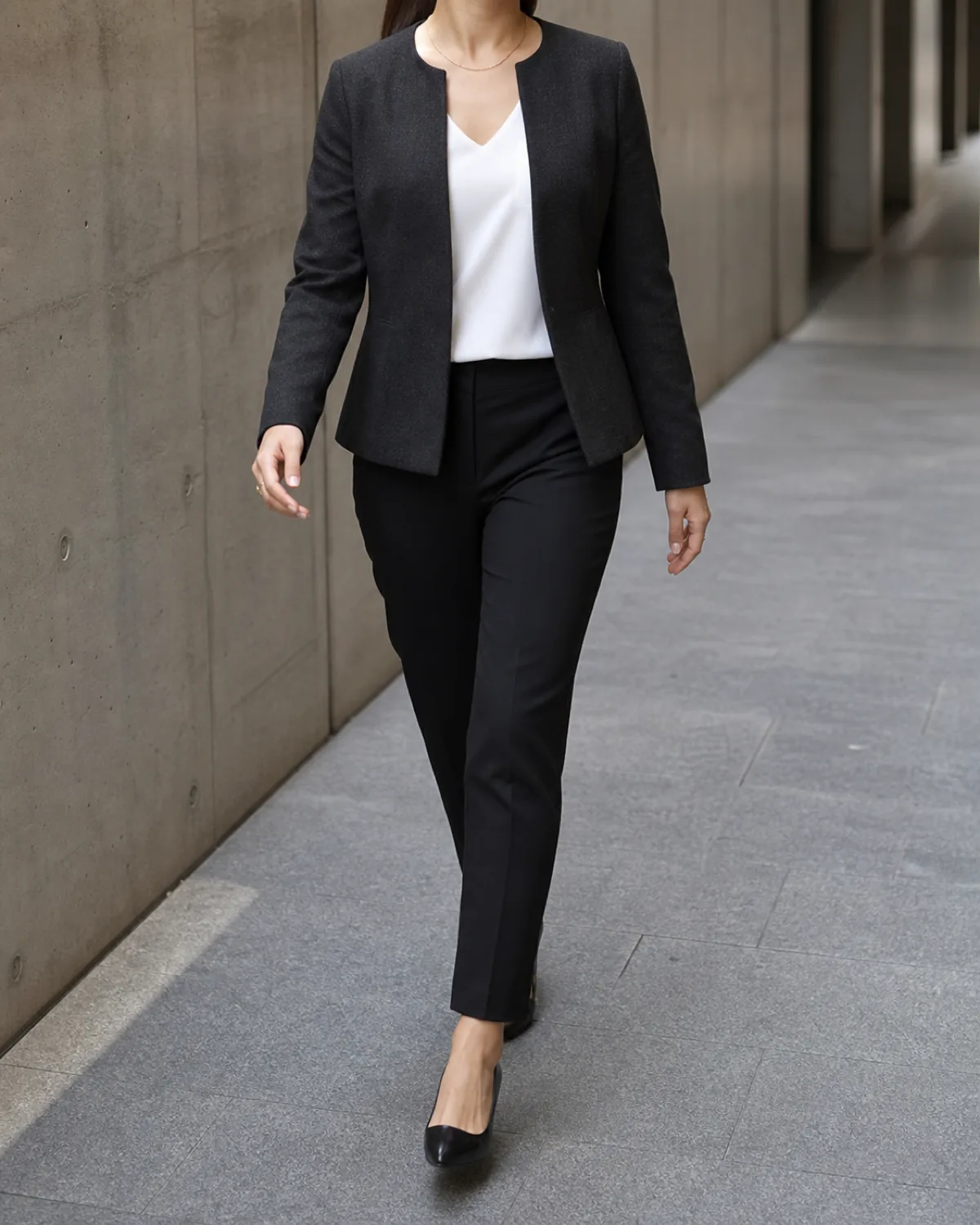 A woman walking toward the camera in a concrete office corridor wearing a dark charcoal collarless blazer over a white V-neck top with slim black trousers and dark leather flats