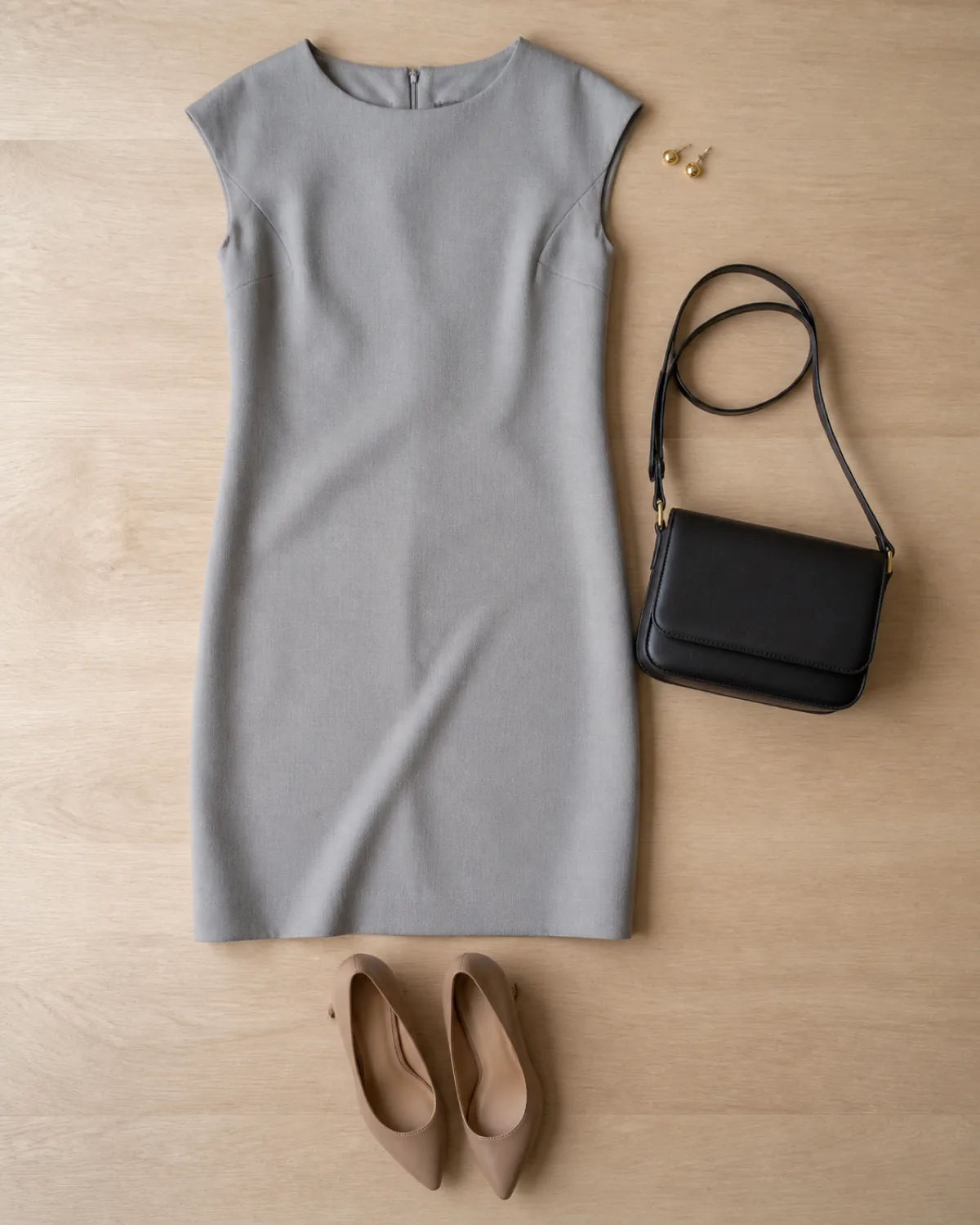 Overhead flat-lay of a grey shift dress, nude pointed-toe kitten heels, a black leather crossbody bag, and gold stud earrings on a light wooden surface