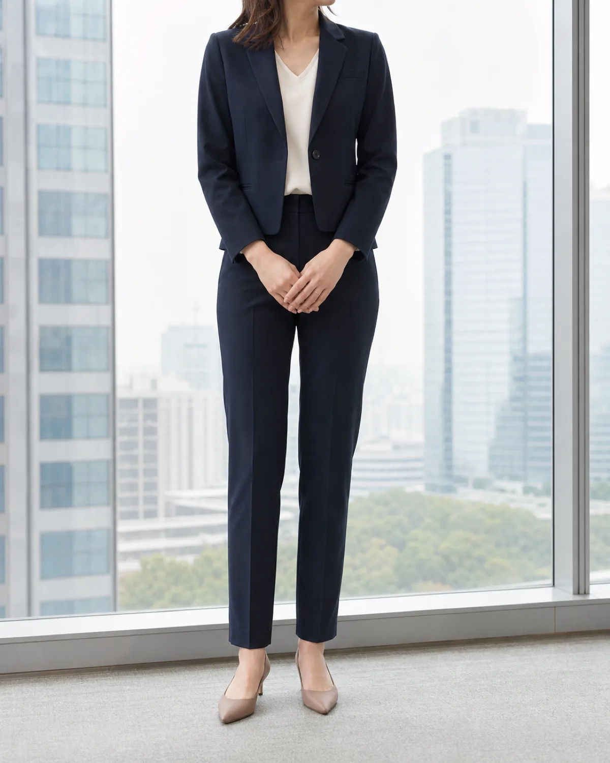 A woman standing with hands clasped in front wearing a matching dark navy cropped trouser suit over a cream V-neck silk shell with nude pointed-toe low heels in front of floor-to-ceiling glass