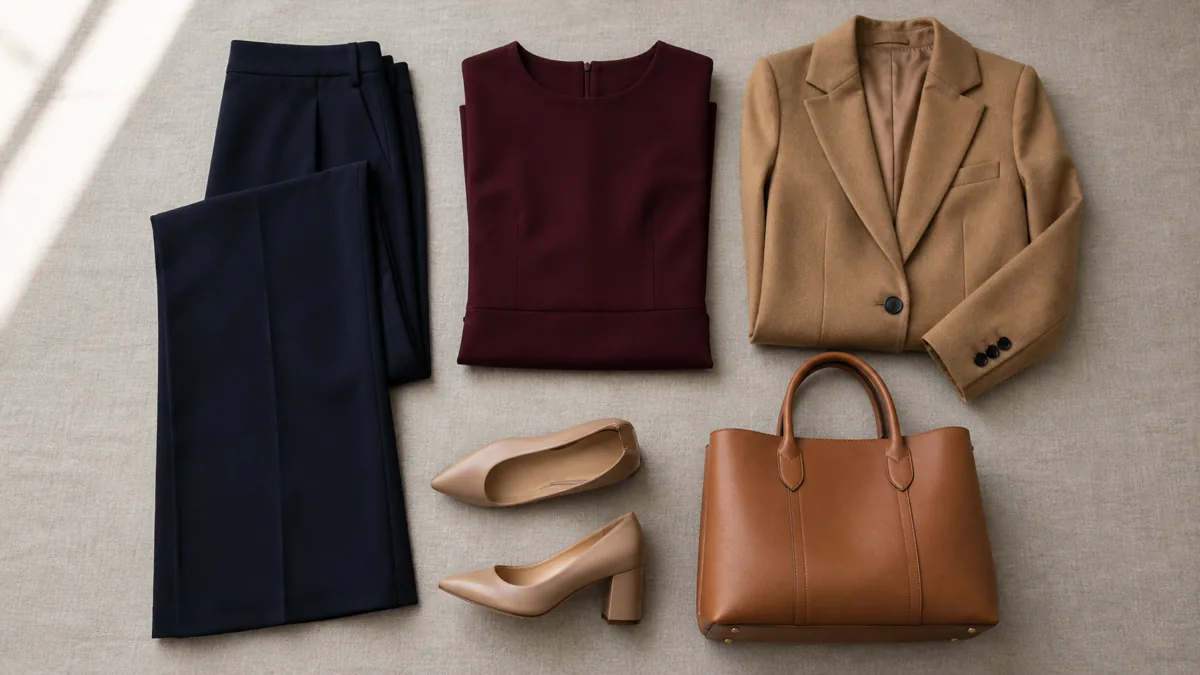 Overhead flat-lay of a navy wide-leg trouser, a burgundy ponte column dress, and a camel blazer on a light grey linen surface with nude block-heel pumps and a tan leather tote