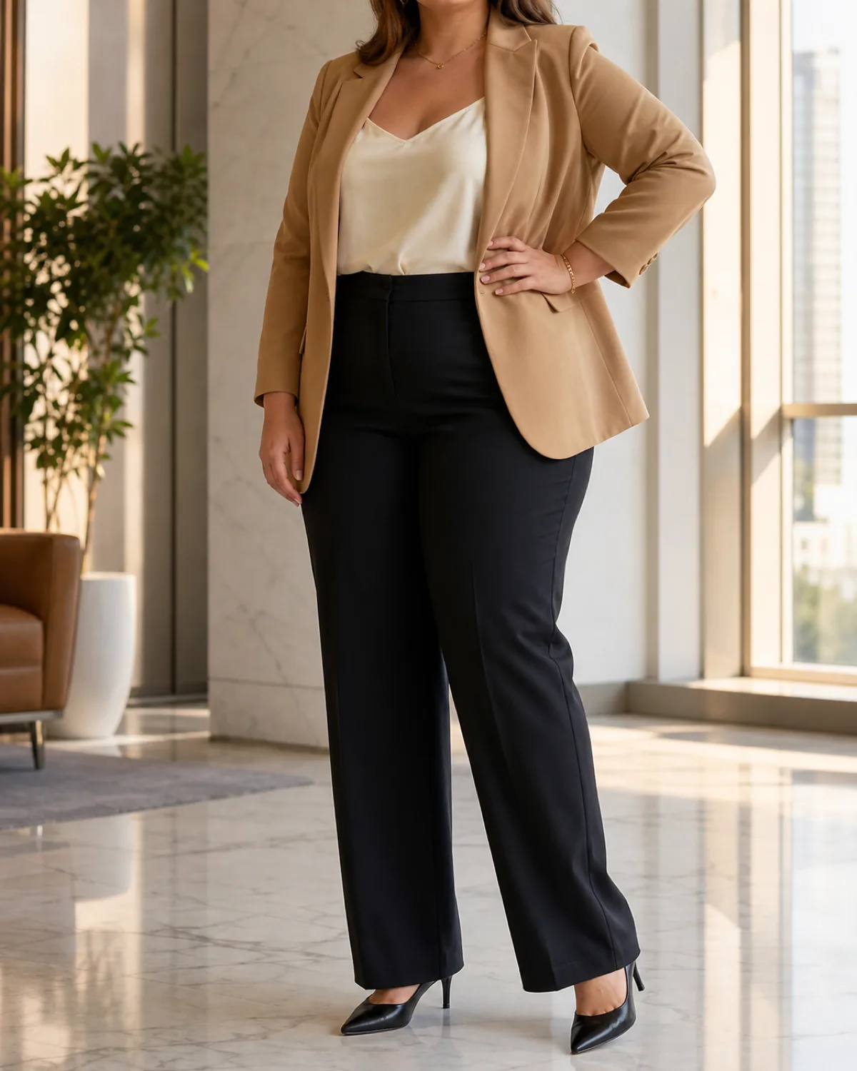 A plus-size woman in a three-quarter turn in an office lobby wearing black straight-leg trousers, an ivory silk camisole, and a camel relaxed blazer with structured shoulders, her left hand resting on her hip, head cropped out of frame