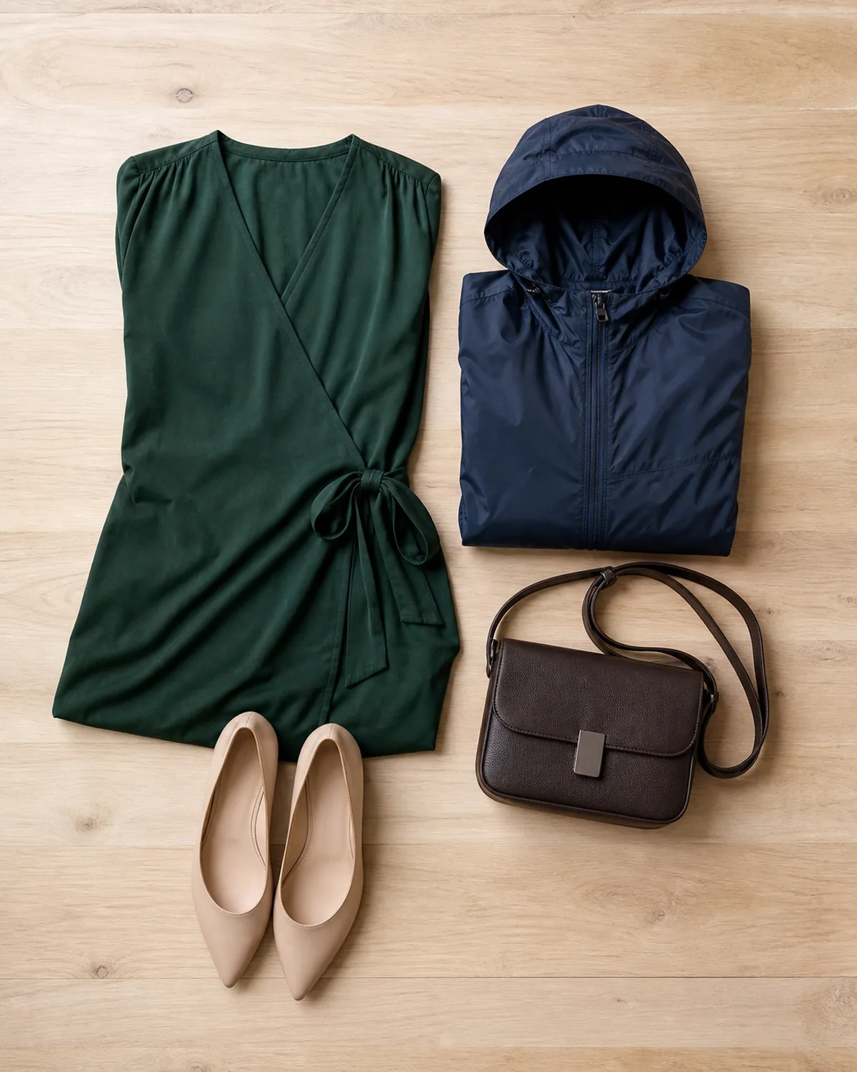 Overhead flat-lay on a light wooden surface of a dark green wrap dress with a visible tie waist, a folded navy hooded packable rain jacket, nude pointed-toe flats, and a small dark brown structured crossbody bag