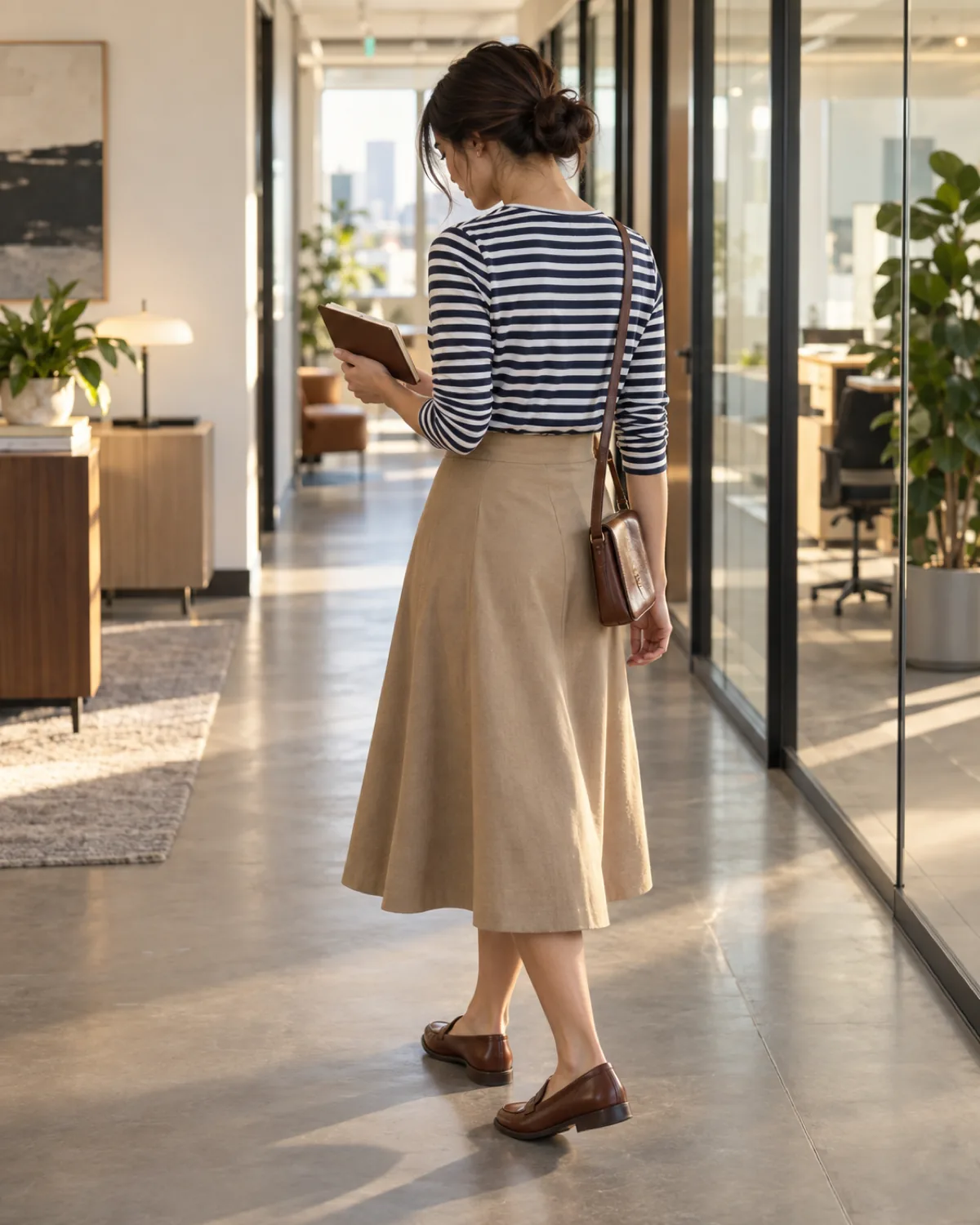 A woman seen from behind in an office hallway wearing a navy-and-white Breton striped shirt tucked into a tan A-line midi skirt with cognac leather penny loafers, looking down at a small leather notebook