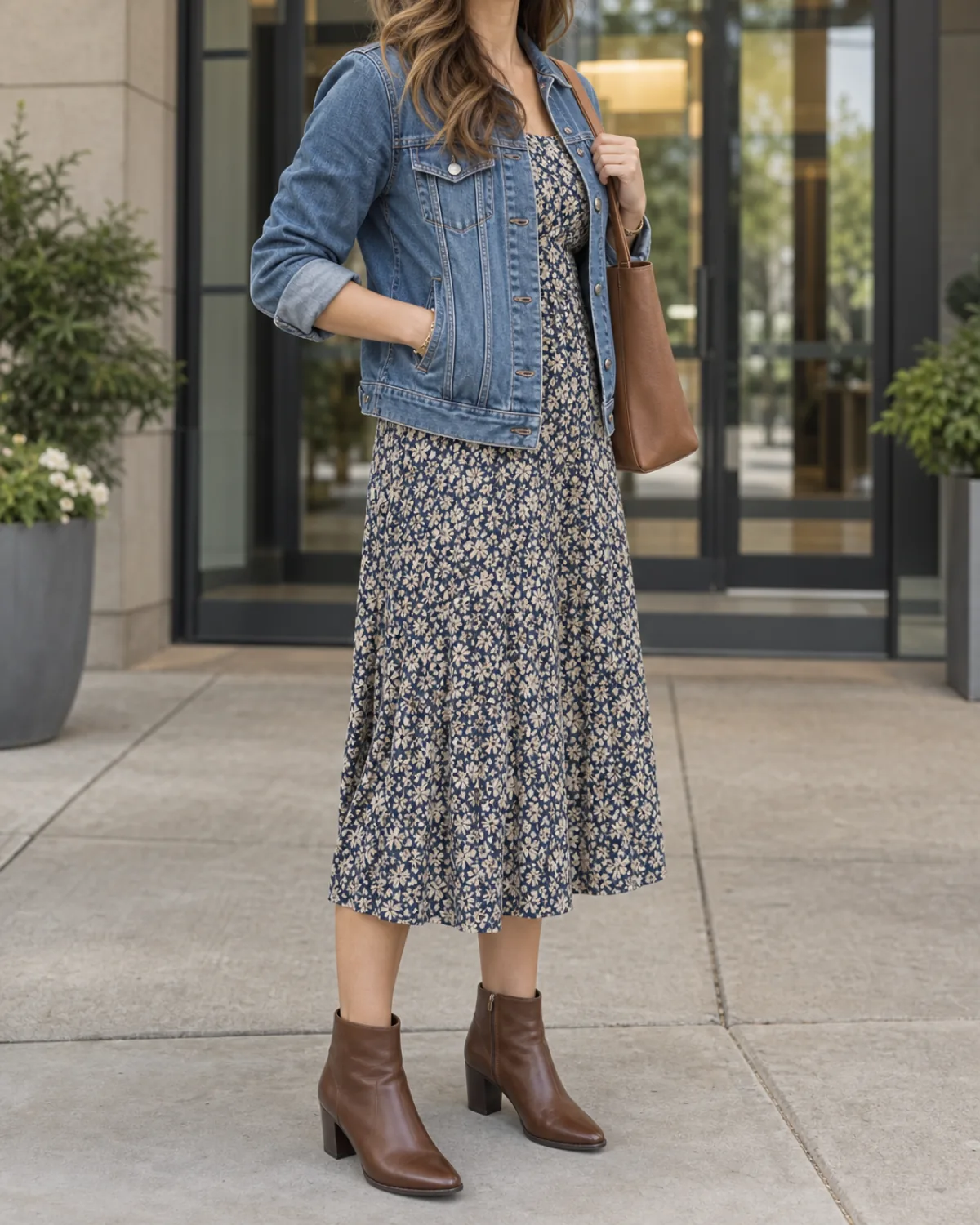 A woman in a three-quarter turn at a building entrance wearing a medium-wash denim jacket open over a navy-and-cream floral midi dress with brown leather ankle boots
