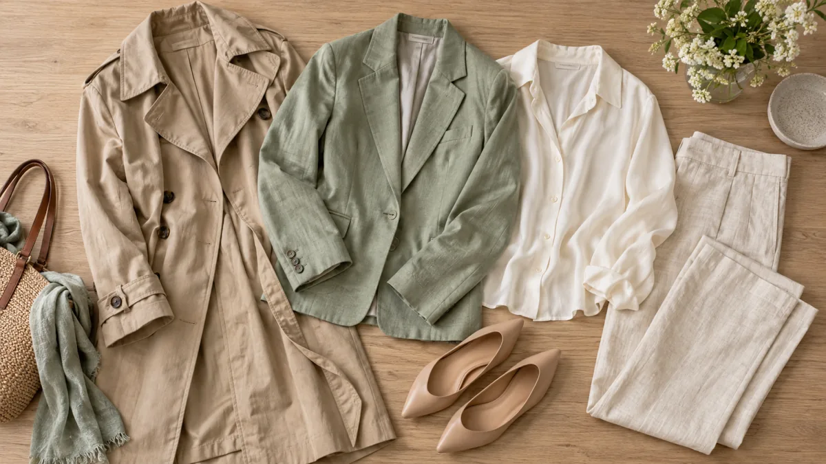 Overhead flat-lay of spring work wardrobe pieces including a khaki trench coat, sage cotton blazer, ivory silk blouse, cream linen trousers and nude pointed-toe flats arranged on a light oak surface