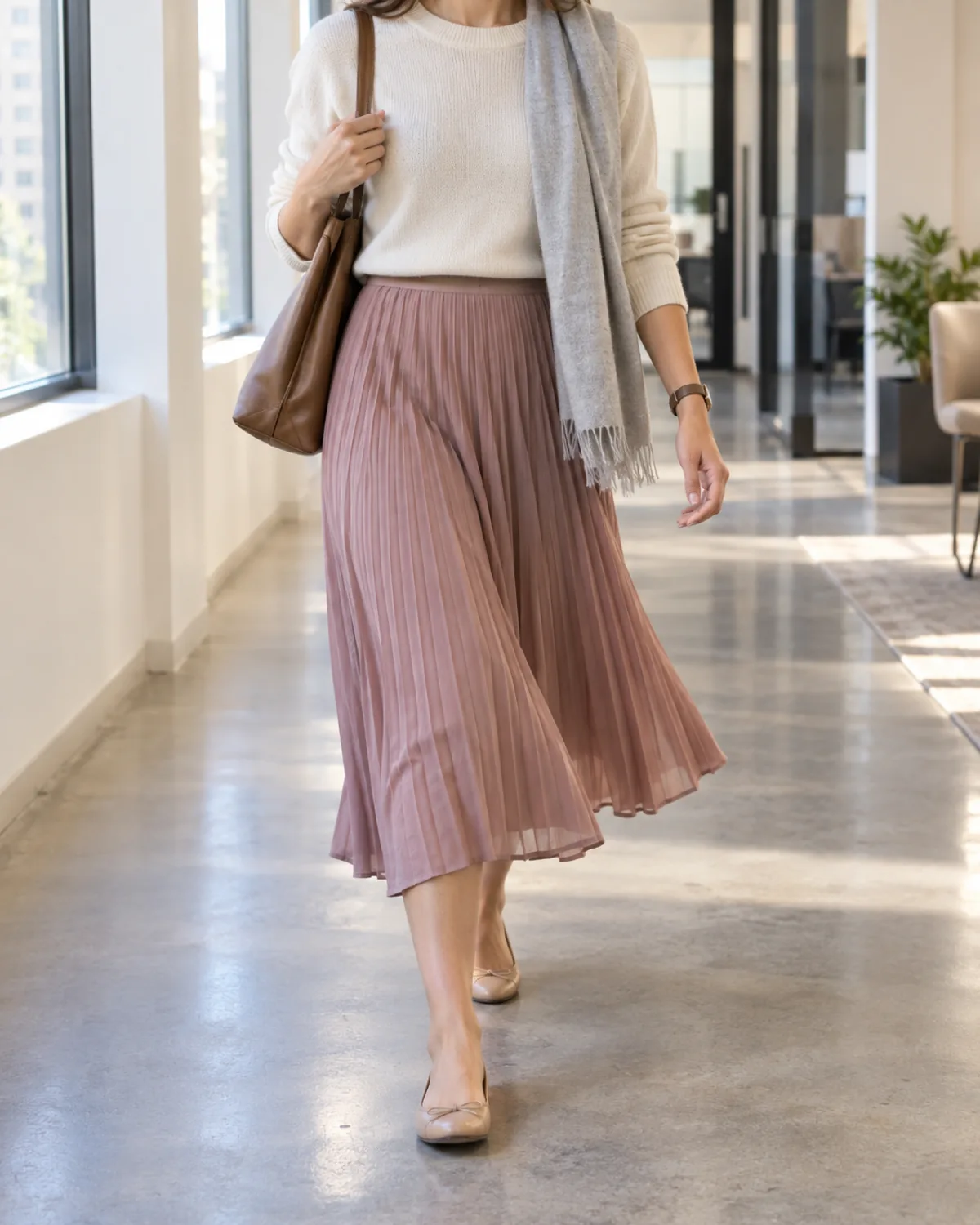 A woman walking mid-stride in a bright office hallway wearing a dusty rose pleated midi skirt with a cream crew-neck knit tucked in and a pale grey scarf draped over one shoulder