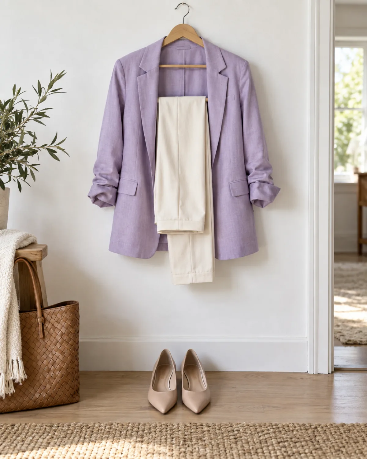 A lavender soft-shoulder unlined blazer hanging on a slim wooden hanger against a white wall with cream tapered ankle pants draped over the crossbar and nude pointed-toe flats on the floor below