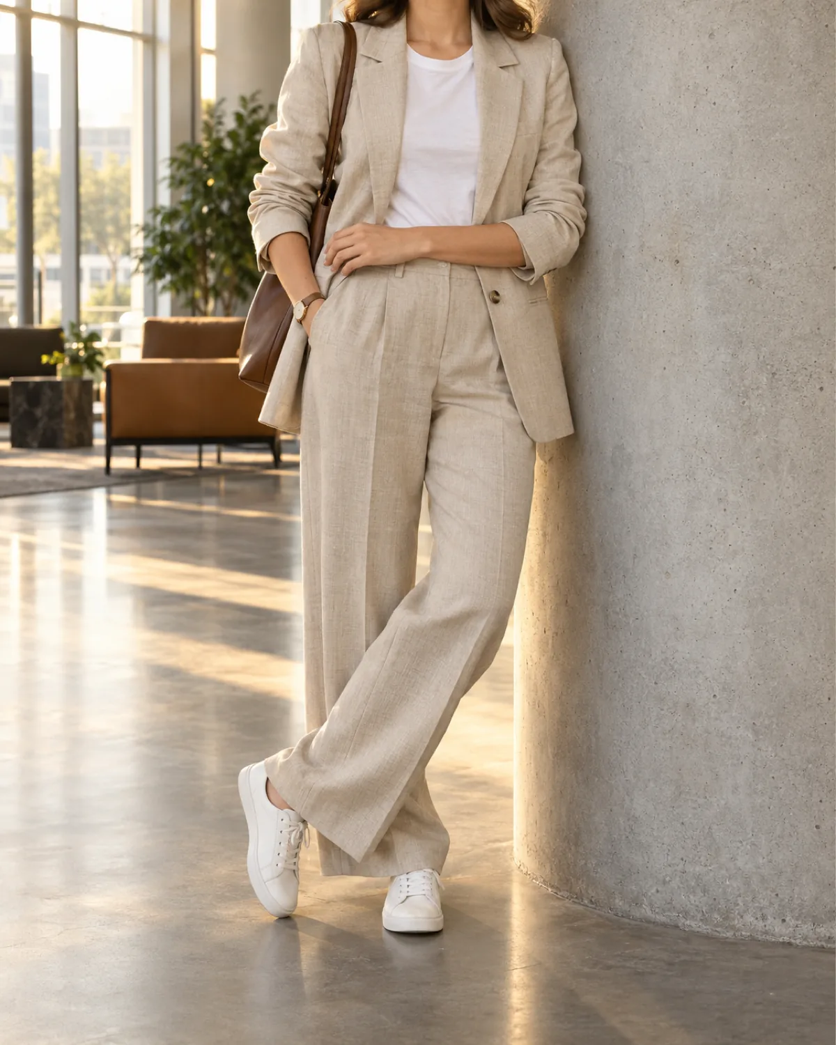 A woman leaning against a concrete column in an office lobby wearing an oatmeal relaxed-fit single-breasted blazer with matching wide-leg trousers, a white crew-neck tee and white leather minimal sneakers