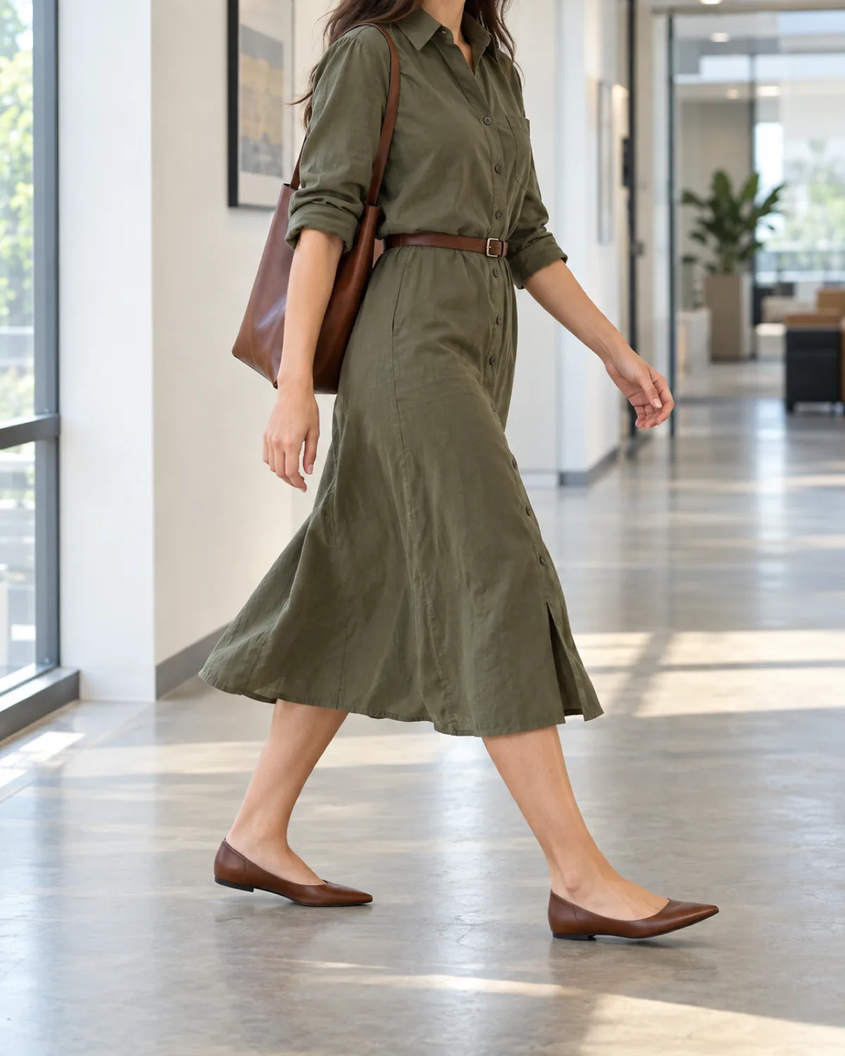 A woman walking mid-stride from the side in a bright office corridor wearing an olive cotton shirt dress with a button-front placket and a slim brown leather belt cinched at the waist, with brown leather pointed-toe flats