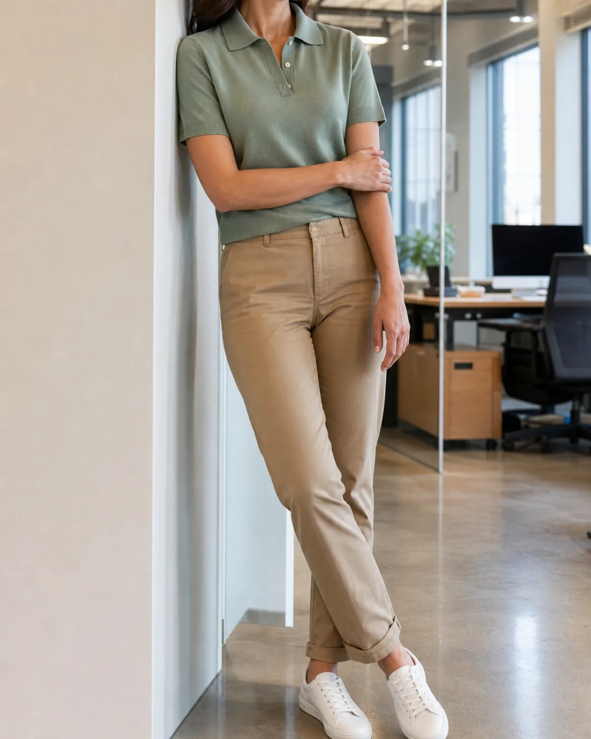 A woman leaning one shoulder against a wall in an open-plan office, wearing a sage green cotton knit polo with a ribbed collar and short sleeves tucked into tan chinos with white sneakers, a desk with a monitor visible behind her