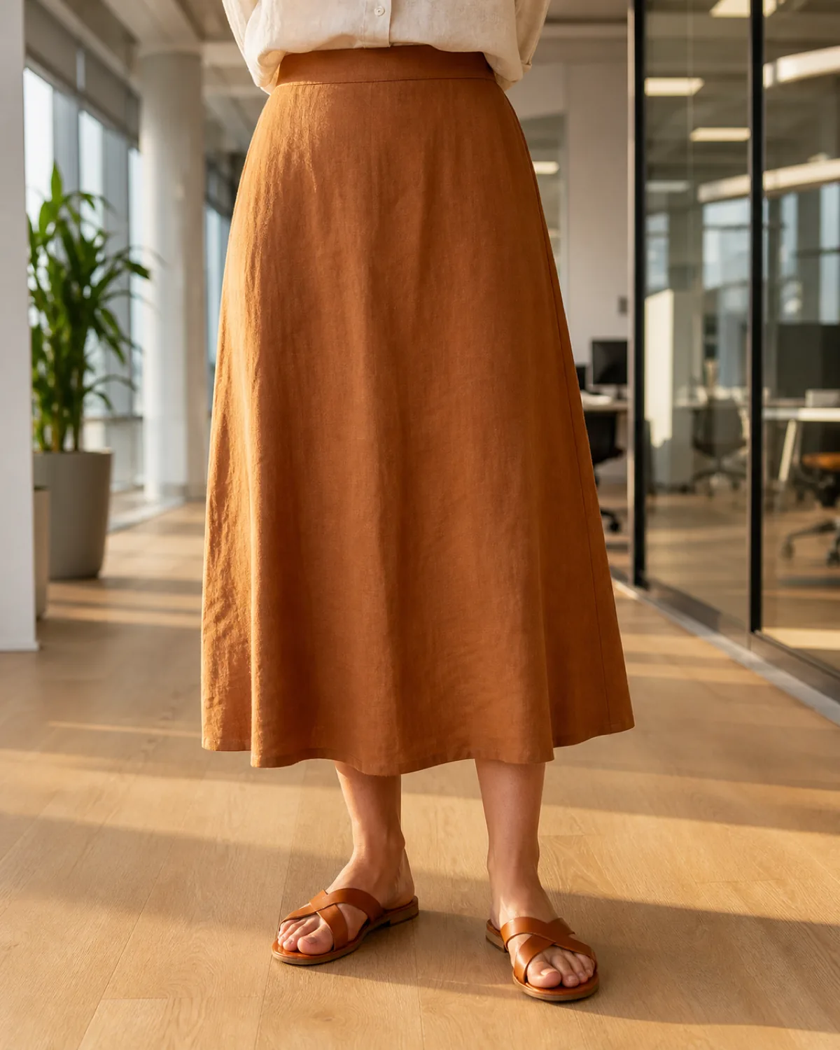 Close crop from the waist down showing the hem of a cream linen shirt tucked into a cognac midi A-line skirt at mid-calf, with tan leather crossover-strap sandals on bare feet, standing on a light hardwood office floor with warm golden-hour light