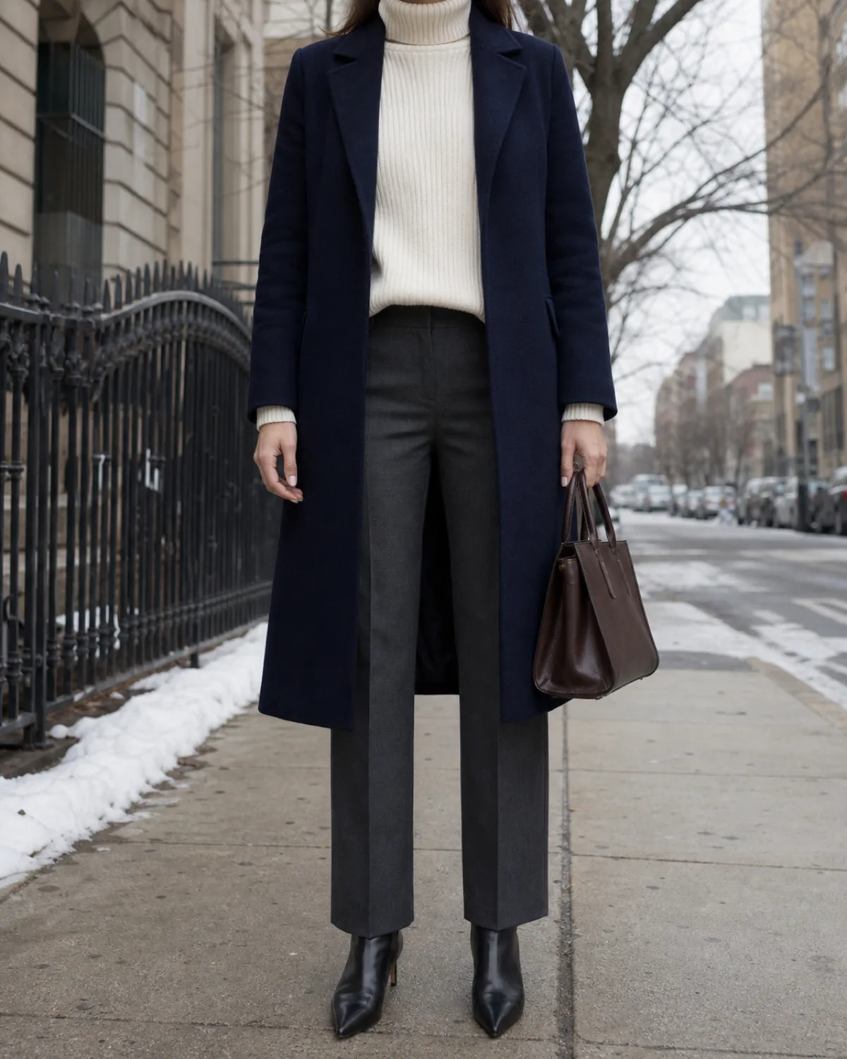 A woman standing straight-on in an unbuttoned navy wool-blend coat over an ivory ribbed turtleneck and charcoal tailored trousers with black pointed-toe ankle boots on a winter city sidewalk