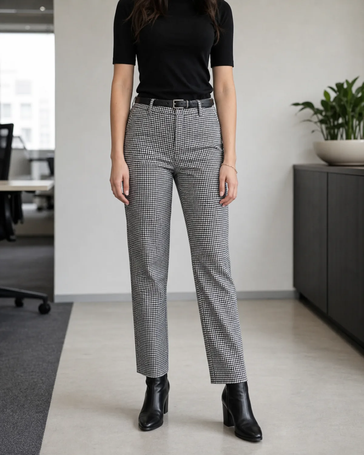 A woman standing straight-on with one foot slightly forward in an office with a white wall behind her, wearing black-and-white small-check patterned straight-leg trousers, a black fitted short-sleeve top tucked in, a thin black leather belt, and black block-heel ankle boots