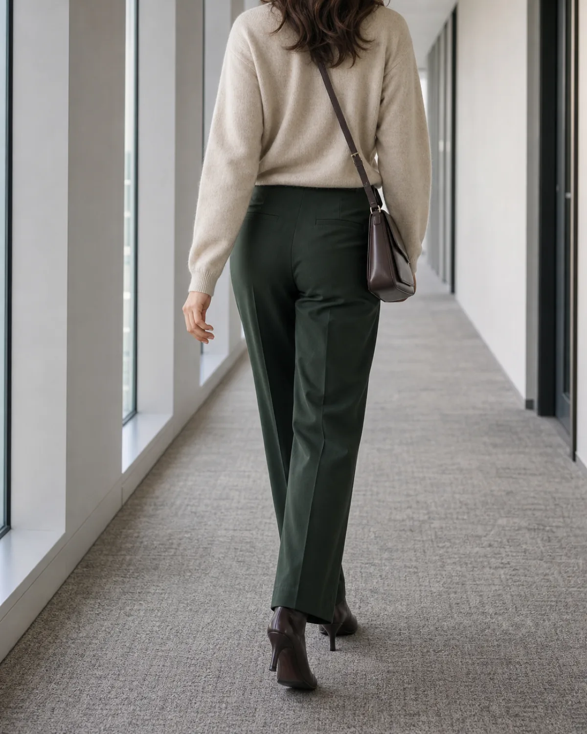 A woman walking away down a clean office hallway with light grey walls, shot from behind at a slight angle, wearing dark forest green straight-leg trousers, an oatmeal cashmere crew-neck sweater, and dark brown heeled ankle boots, with a dark leather crossbody bag