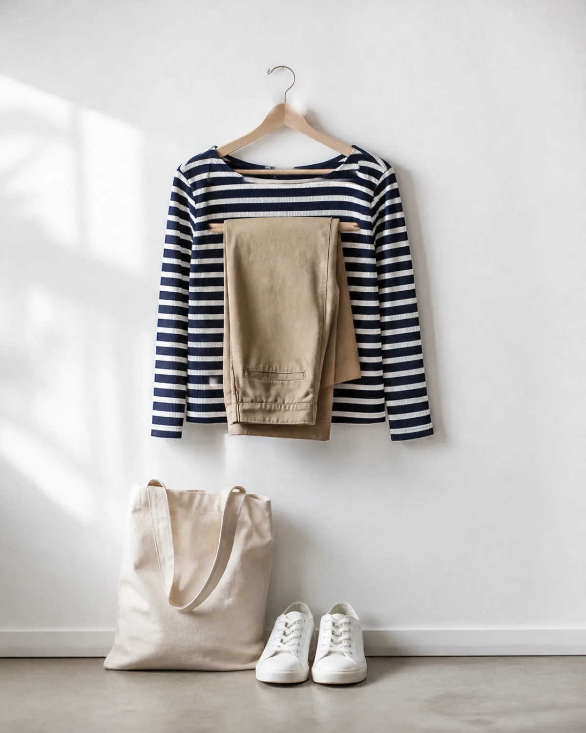 A complete outfit hanging on a slim wooden hanger against a plain white wall: khaki cotton chinos folded over the hanger bar, a navy-and-white Breton-stripe knit top, with white leather sneakers on the floor below and a canvas tote leaning against the wall